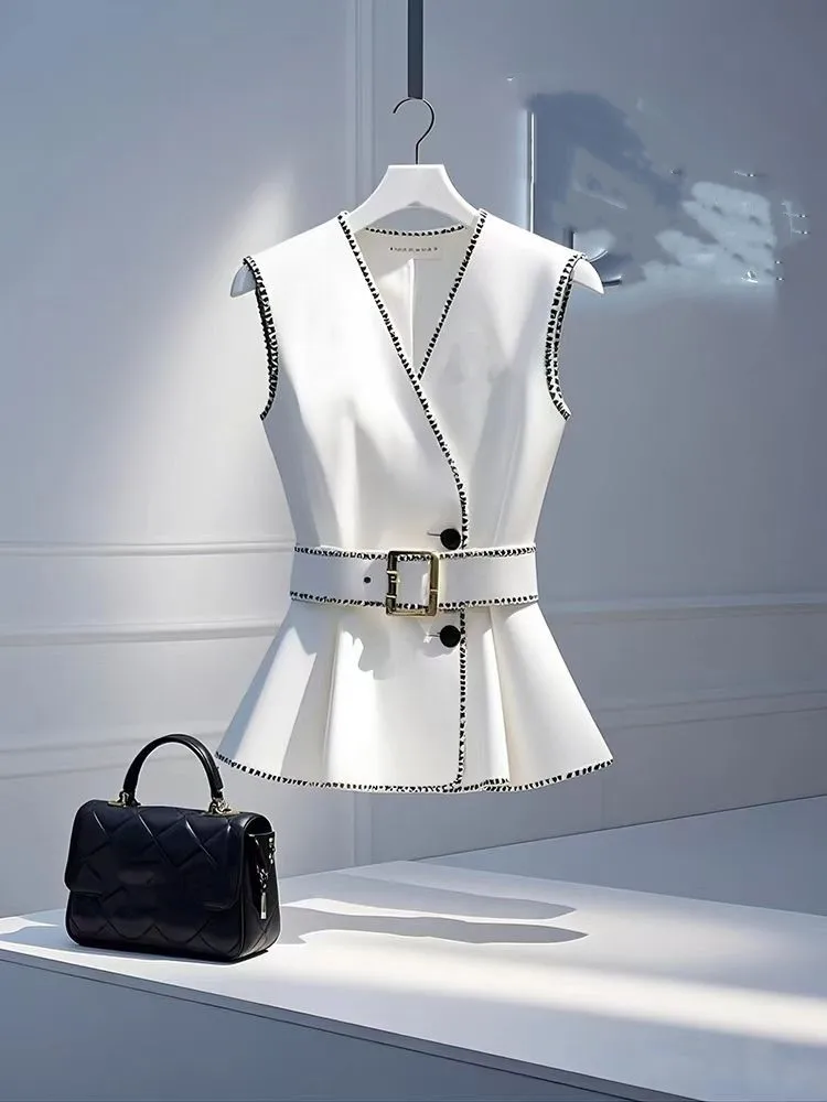 

Шикарная белая элегантная летняя куртка с шелковым краем, жилет без рукавов, блейзер, жилет в стиле ретро, женская верхняя одежда, универсальная модная офисная женская одежда