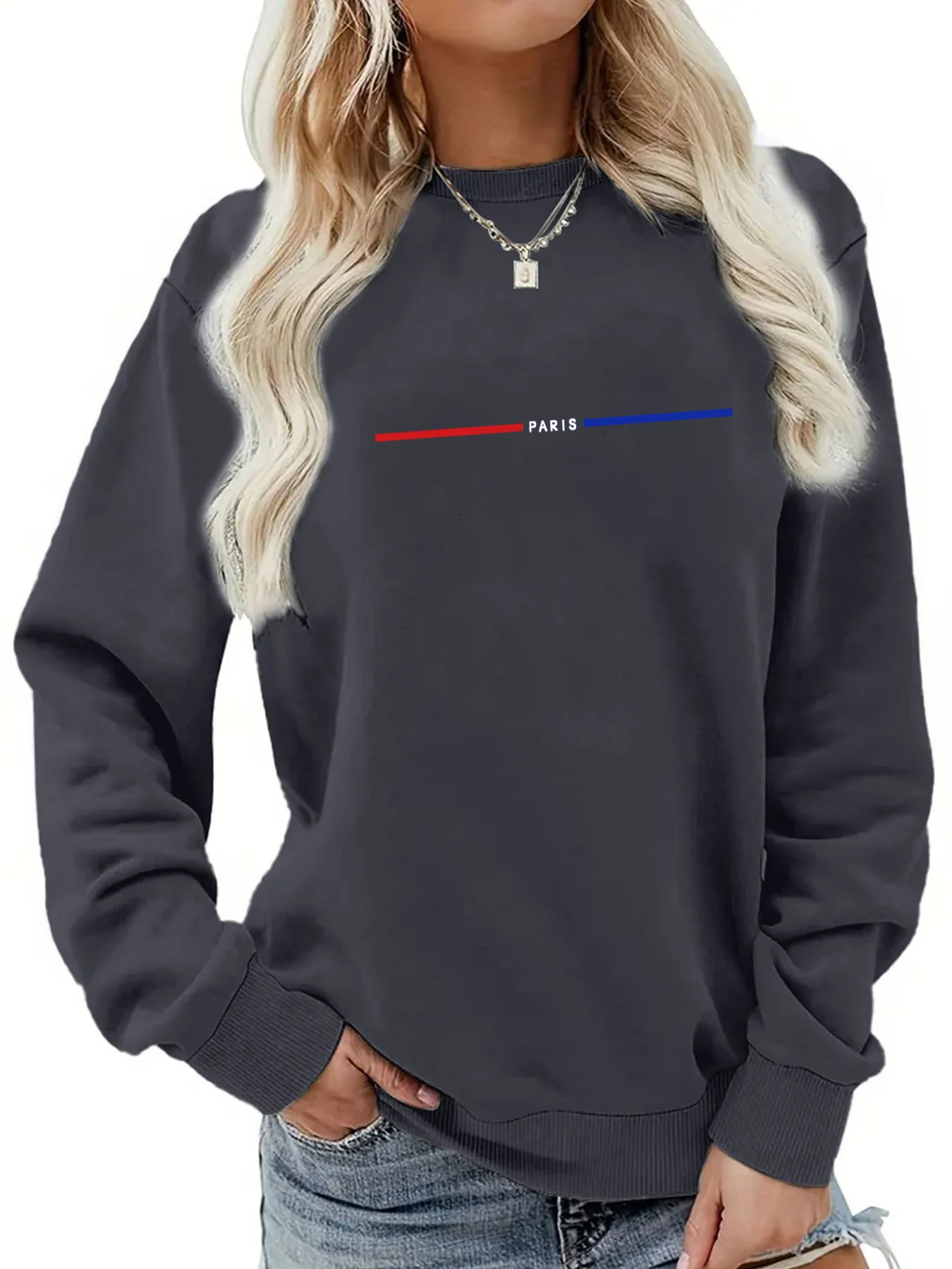 بلوفر نسائي كاجوال للخريف والشتاء فضفاض ومريح بنمط باريس مطبوع برقبة دائرية دافئة وأكمام طويلة