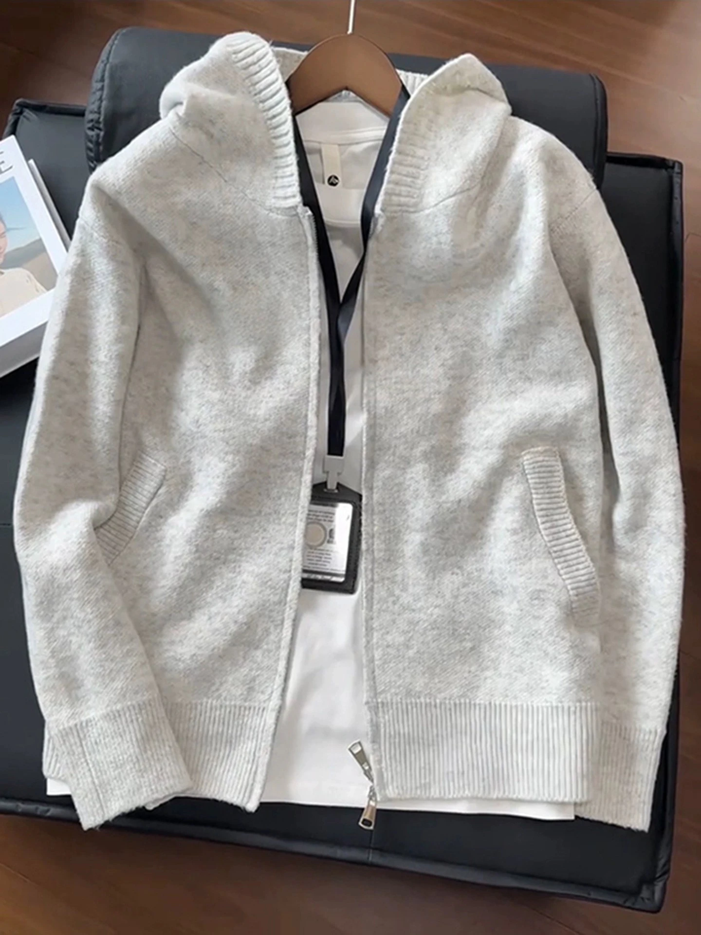 

Мужской вязаный кардиган в американском ретро-стиле, осенний, с эффектом высокого качества, на молнии, с длинным рукавом, повседневная толстовка-куртка