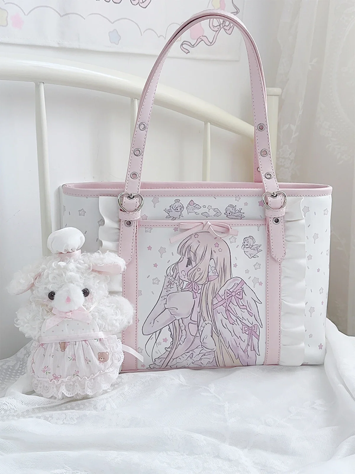 Pink Tote Bag Women Large Capacity Shoulder Bags Cartoon Cute PU Leather Handbags Shopping Women's Bags