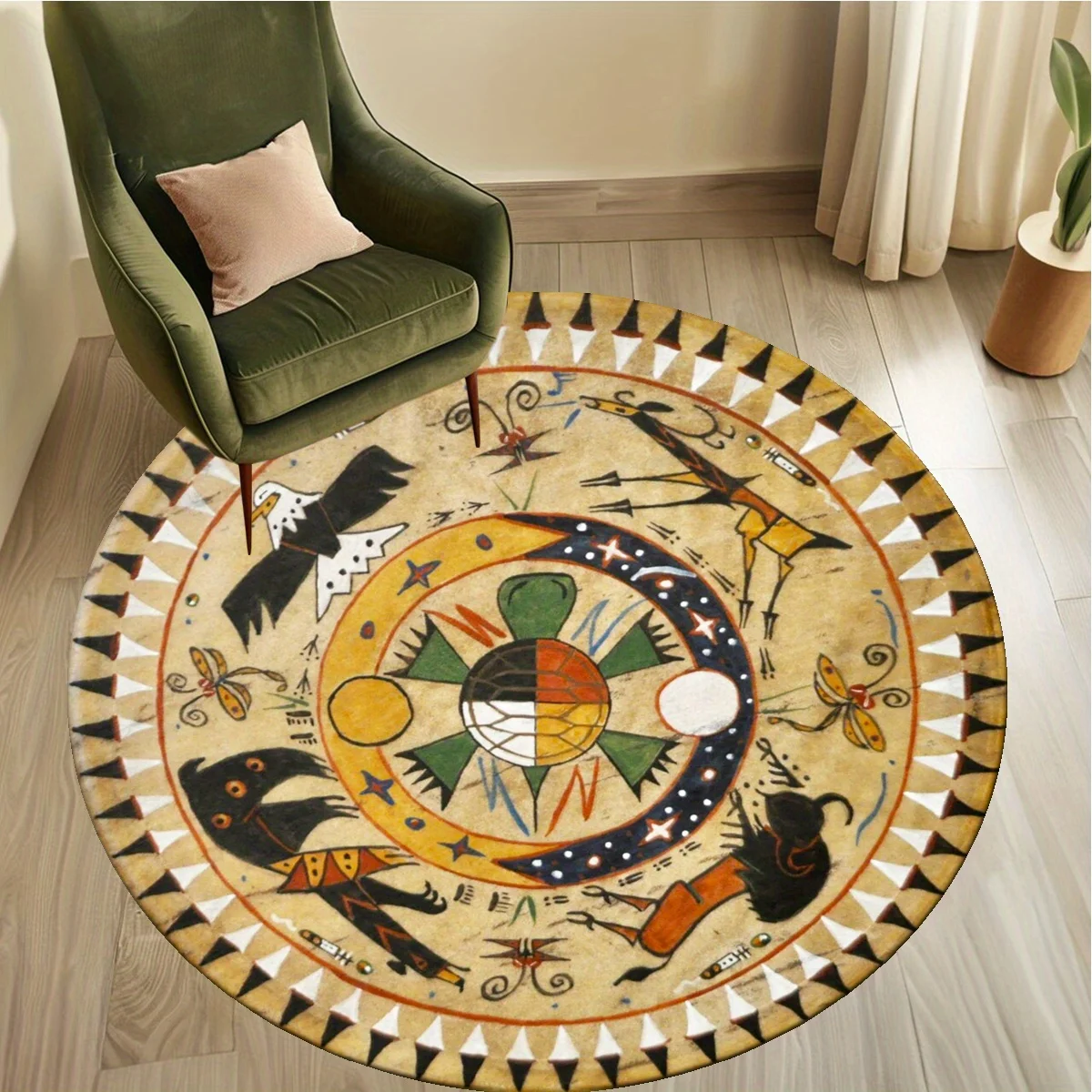 Boho Mandala Round Area Rug Cushion Mat Tribal Geometric Living Room Decor Plush Cushioned Accent Floor Runner Mat