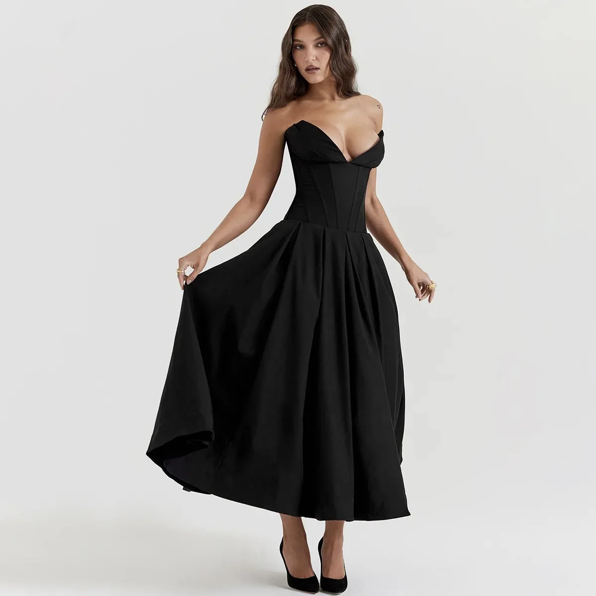 Vestido negro elegante para eventos de boda, vestido Sexy con corsé sin tirantes, vestidos de fiesta de Navidad por debajo de la rodilla para mujer, ropa