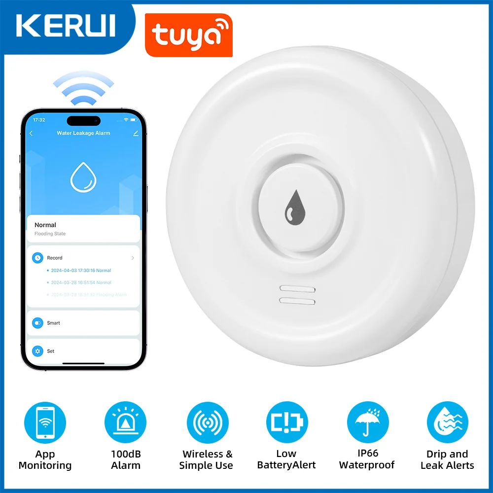 KERUI Tuya Smart Life WiFi Water Leakage Sensor Detection Loudly Sound Alarm Alert Flood Sensor Detector App Remote Monitoring
