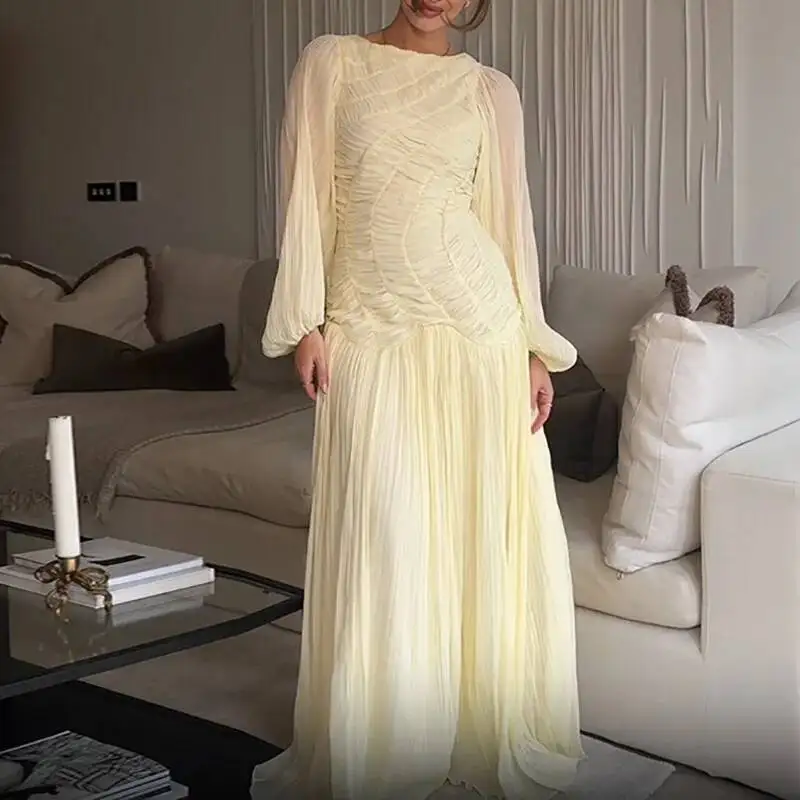 

Весенне-осеннее плиссированное модное однотонное свободное платье макси с длинным рукавом и высокой талией, новое женское богемное платье трапециевидной формы с круглым вырезом