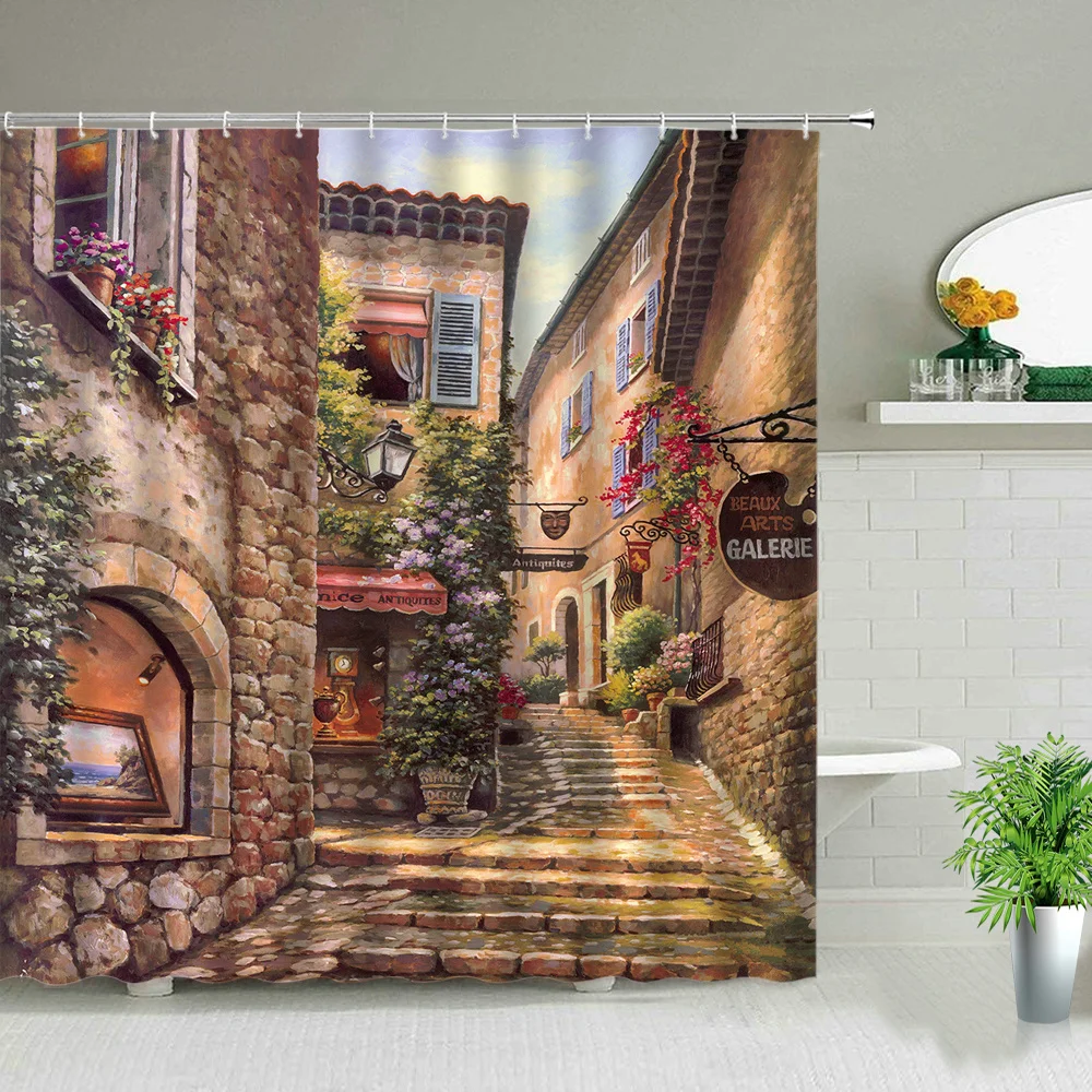 3d Nordic Italy Street Alley Shower Curtain Garden Flowers Scenery Retro Design Cloth Curtains Waterproof Home Bathroom Decor