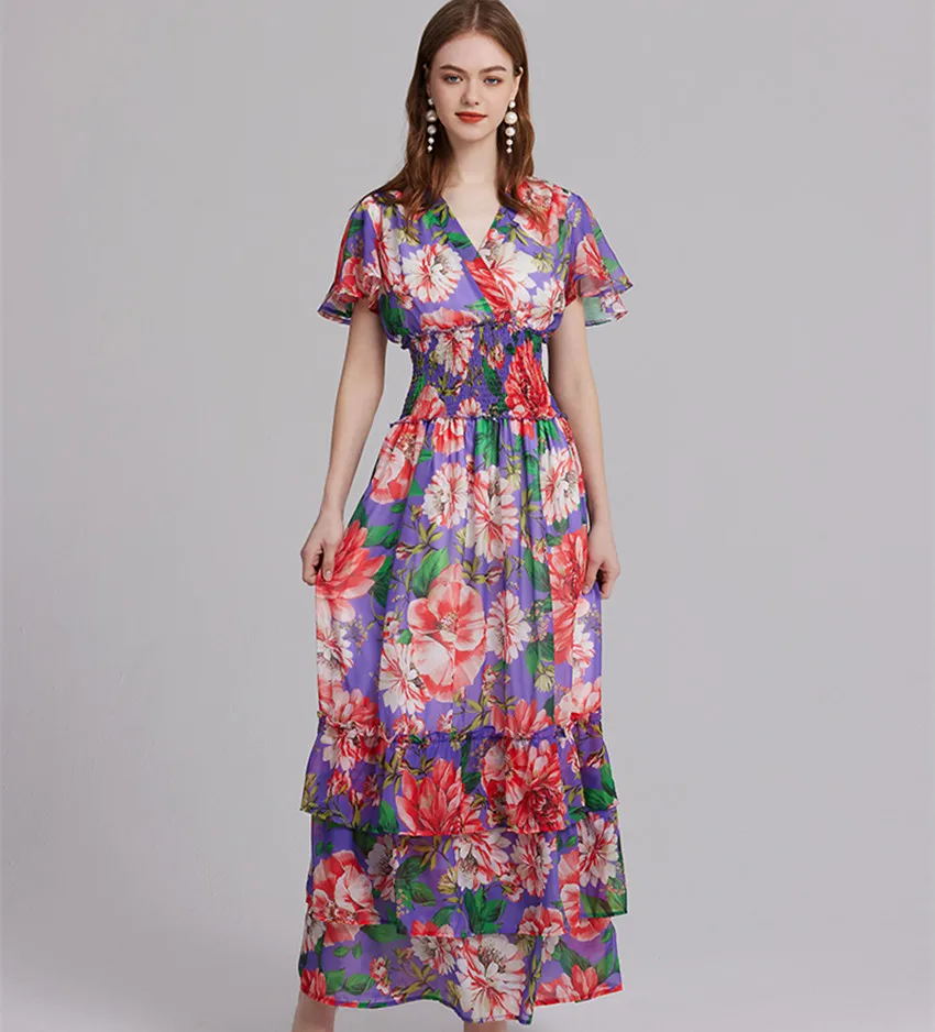 Robe maxi en mousseline de soie à fleurs pour femmes, sexy, col en V, imprimé, volants, taille haute élastique, bohème, longue, robe éducative, piste d'été, magnifique, vacances