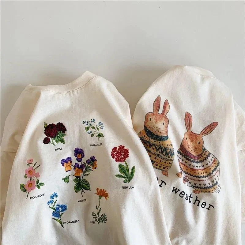 Dessin animé belle bébé filles à manches courtes t-shirts hauts 2025 nouveaux vêtements d'été enfants lâche mode col rond t-shirts enfants vêtements