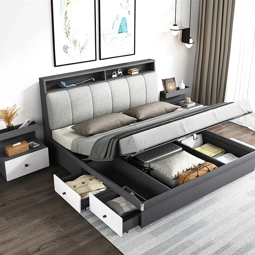 

Modern Design Queen Size Bed Home Furniture Bedroom Set Hotel Apartment Bed With Drawers Storage King Bed