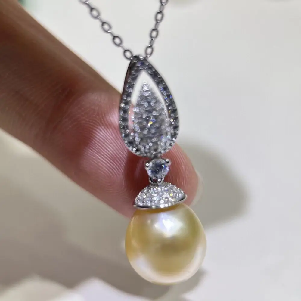 AAA 11-13mm Natural South Sea Gold Pearl Pendant  silver necklace  jewelry  925 silver  clover necklace  pendant  vintage