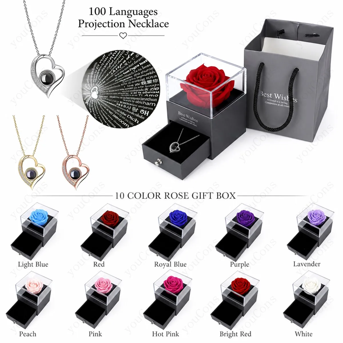 100 Languages I Love You Projection Necklace Heart Pendant With Multi Color Rose Gift Box Valentine's Mother's Day Birthday New