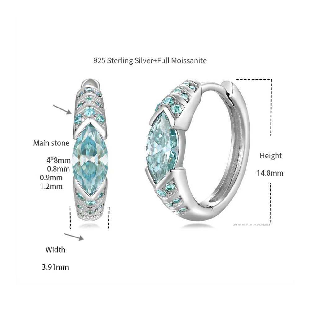 Horus Eye Blue Green Moissanite Earrings 4*8mm Marquise Real Solid S925 Silver White Gold Plating Unisex Hoop Earrings