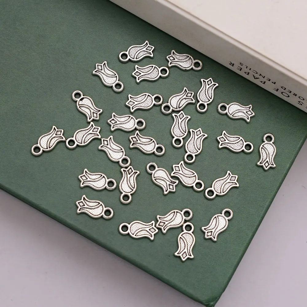 100pcs/lot--5x12mm Antique Silver Plated Flower Charms Tulip Pendants For DIY Jewelry Making Supplies Materials Wholesale Dealer