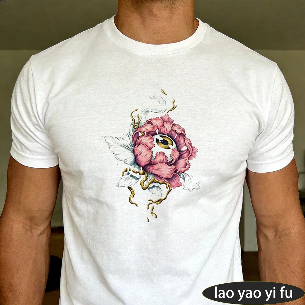 Pink Peony With Human Eye Vintage Floral Art Men Summer Cotton T Shirt Weird Creative Flower Trendy Street Casual Tee
