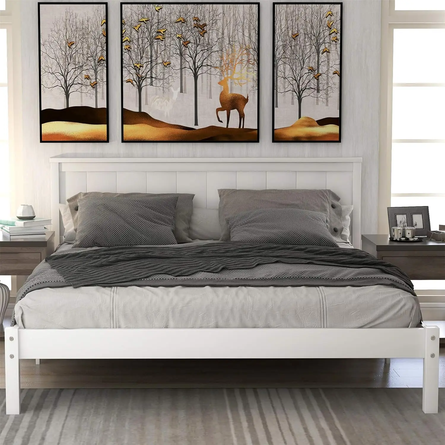 Queen Bed Frame With Headboard, Wood Queen Size Platform Frame, No Box Spring Needed (White, Queen)