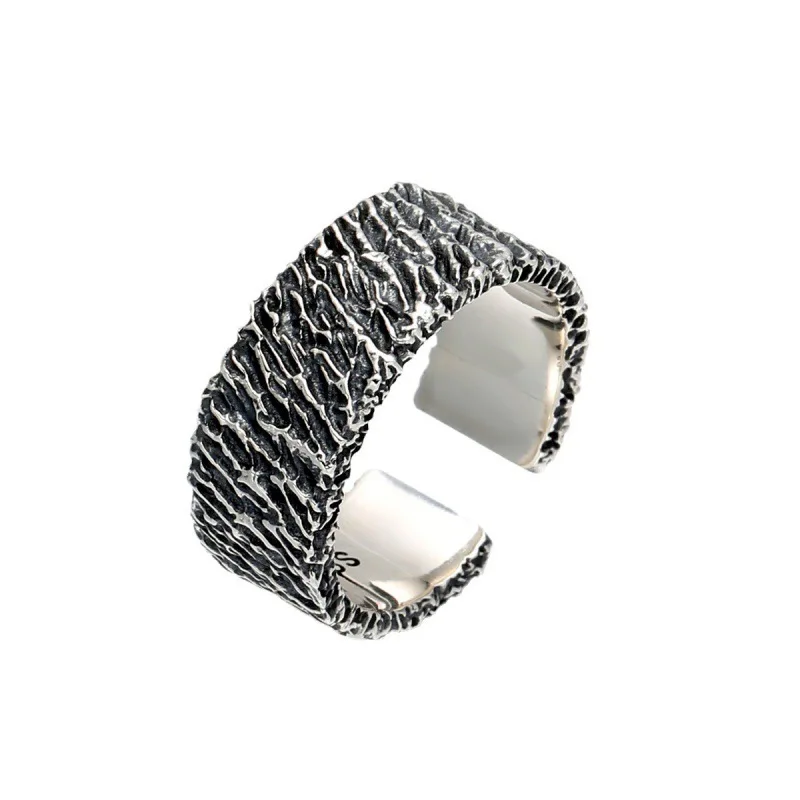 S925 Sterling Zilver Distressed Thai Zilver Origineel Ontwerp Onregelmatige Meteoriet Patroon Ring Heren Opening Ring