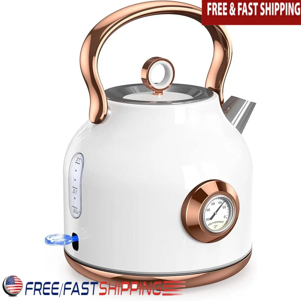 

Retro Electric Kettle Stainless Steel 1500W Fast Boil Temperature Gauge Auto Shut Off Boil Dry Protection Tea Coffee Hot Water