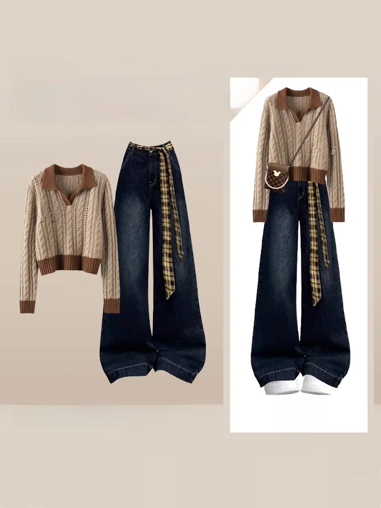 

2026 New Vintage Color Block Knitted Top Wide Leg Jeans Set Women's Fashion High Waist Autumn Winter Casual Wear