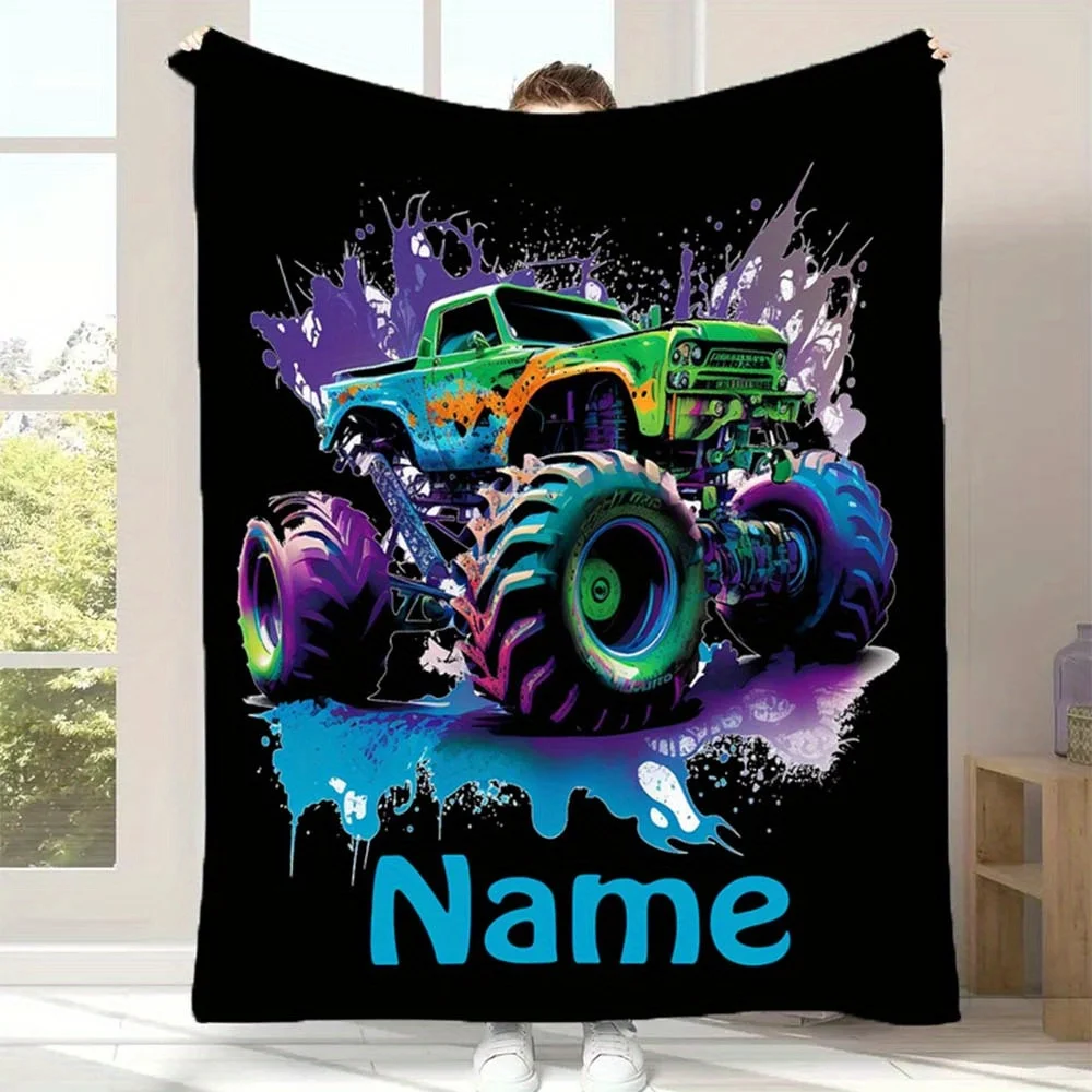 

Плед из флиса с индивидуальным дизайном «Монстр-трак», красочный рисунок спрей-краской, персонализированное имя, мягкий теплый плед для детей и мальчиков