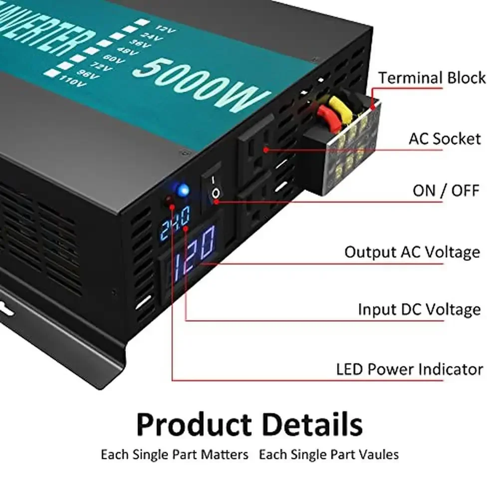 5000W 24V Pure Sine Wave Power Inverter RV Solar Backup Generator US Outlets Safety Protections Reliable Performance Intelligent