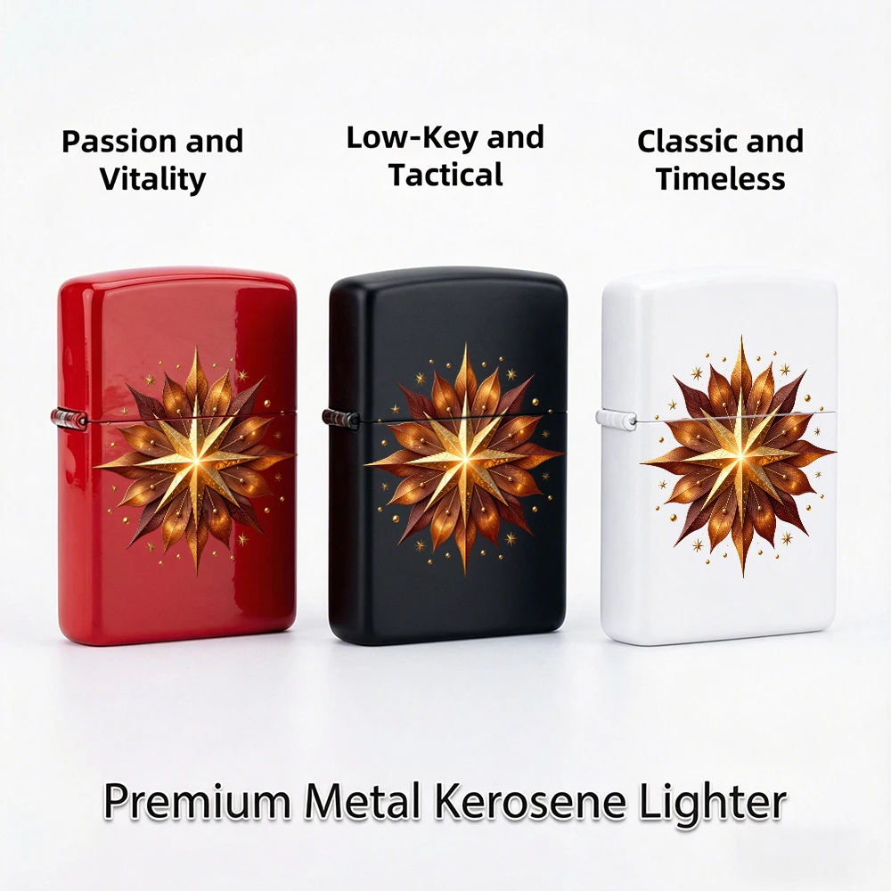 Flip Top Lighter Golden Eight‑Pointed Star Vintage Ornament Pattern lighters vintage lighters for smokers Collectible Hobby Gift