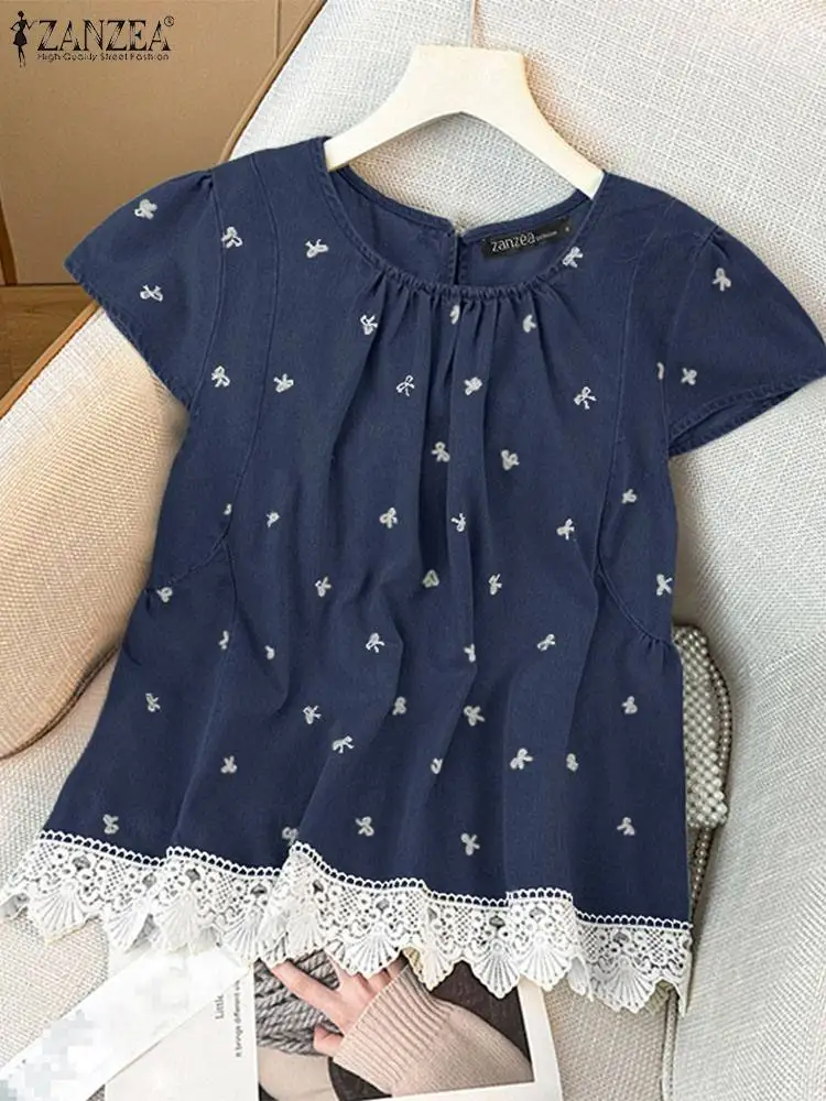 ZANZEA-Blusa con volantes y cuello redondo para Mujer, camisa informal de manga corta con dobladillo de encaje, Tops de mezclilla con estampado de lazo, moda coreana, verano 2024