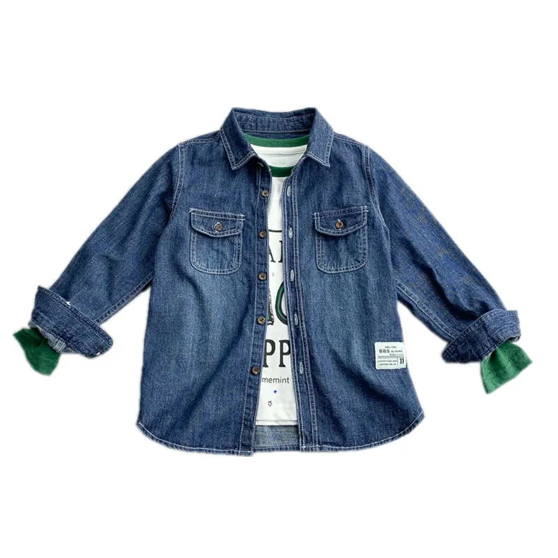 

Washed Denim Shirt Boys Cotton Long-sleeved Lapel Shirt Spring and Autumn Casual Thin Coat