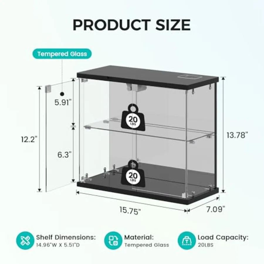 2pc Glass Display Case with LED Lights for Collectible Figures: Clear Tempered Glass, Black Frame, Adjustable Shelves, Soft Glo view 3