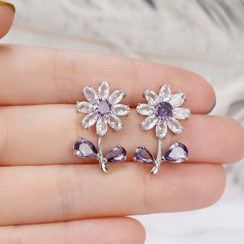 Huitan Bling Bling Flower Earrings Women Purple/Yellow Cubic Zirconia Aesthetic Floral Accessories Wedding Party Fashion Jewelry