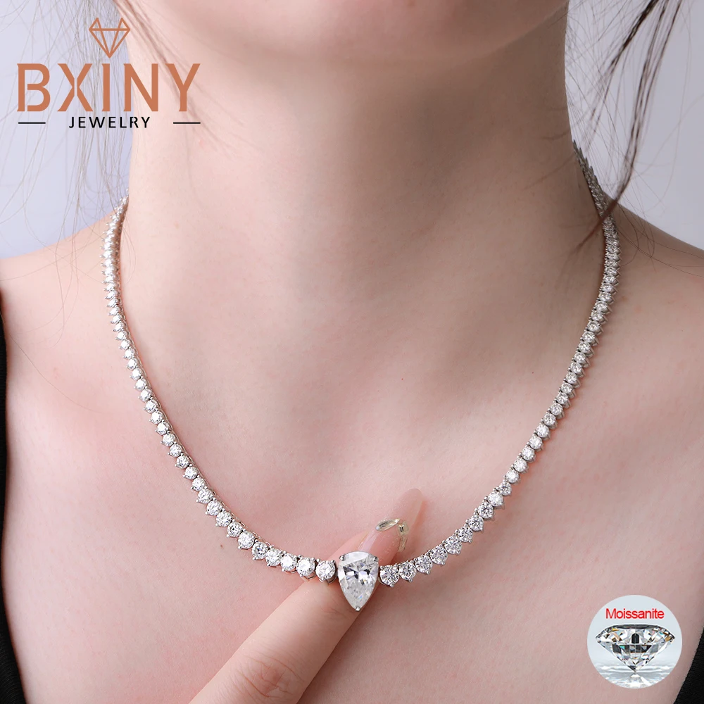 

BXINY 3-Claw Gradient All Moissanite Tennis Necklace S925 Silver Pear Cut Lab Diamond for Women Chain Gift Jewelry GRA Certified