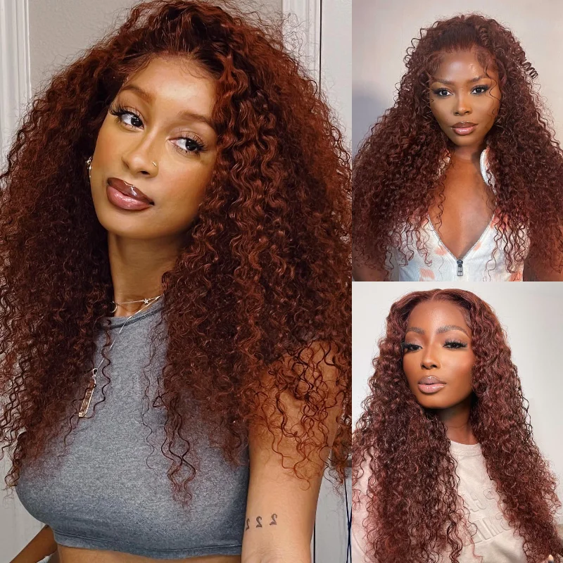 

Julia Hair Wear Go 6x4.5 Pre Cut Lace Quick Easy Jerry Curly 33B Reddish Brown With Breathable Cap Air Wig Pre-Plucked Hairline