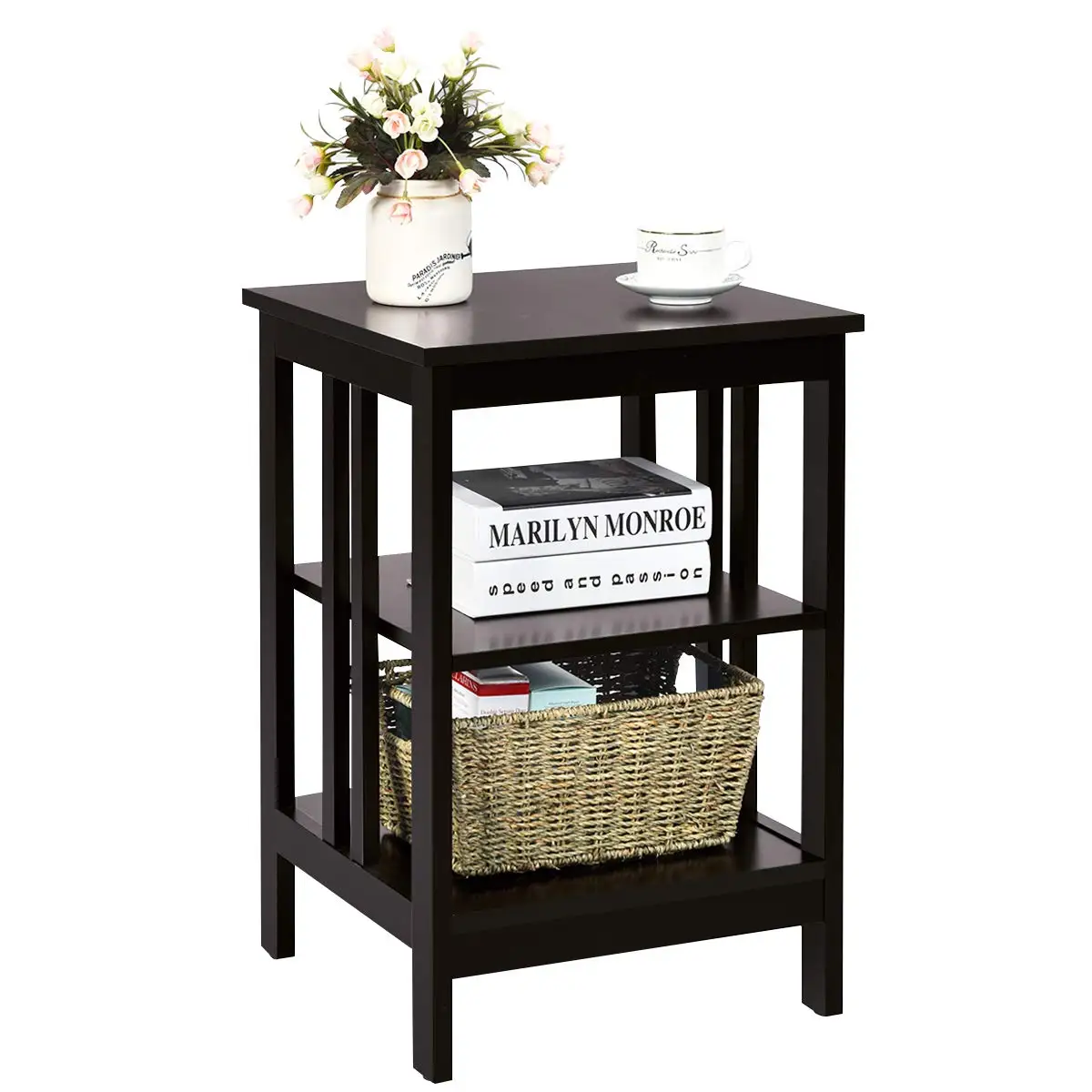 

3-Tier Nightstand, Modern Side Table With Storage Shelves And Reinforced Bars, Versatile Bedside Tables, Wooden End, Customized