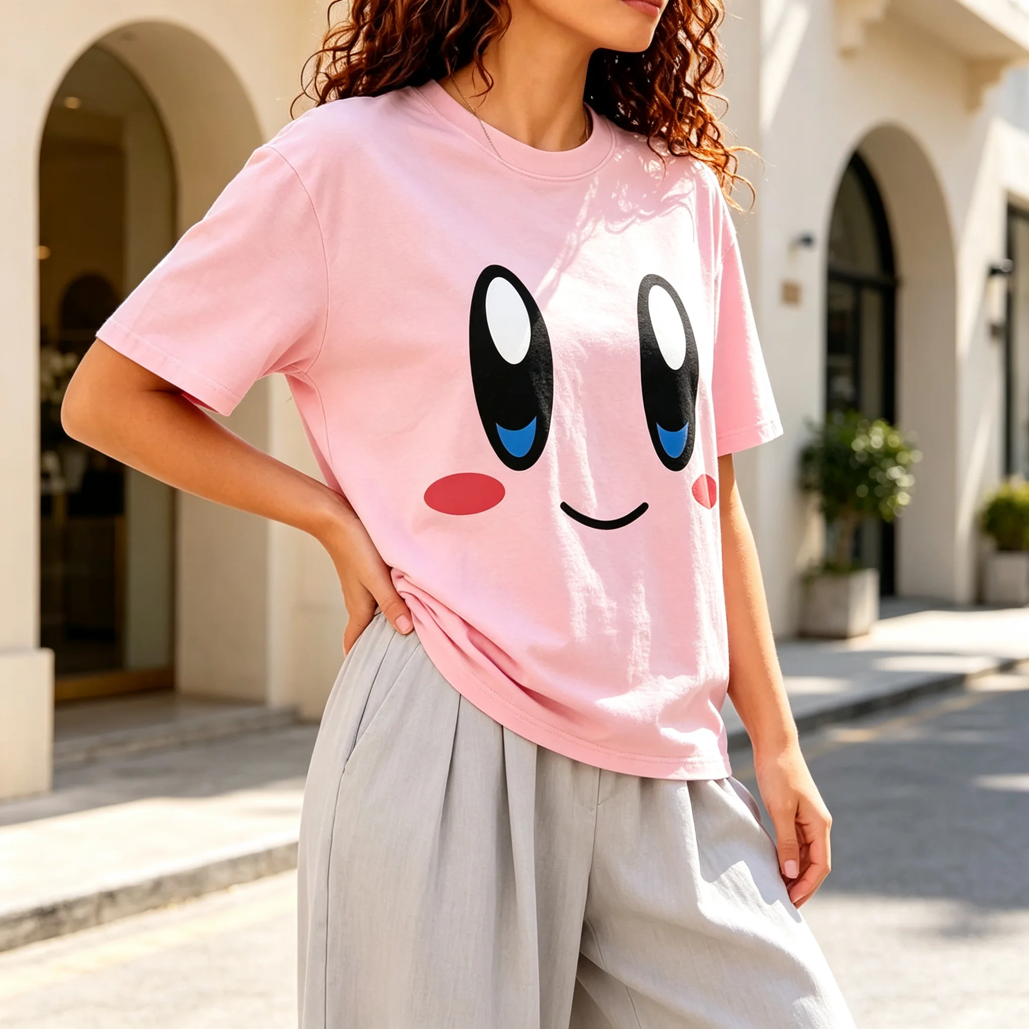 Cute Smiling Cartoon Face Graphic T-Shirt Big Eyes Blush Simple Kawaii Short Sleeve Tee