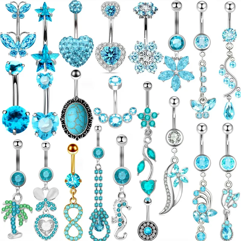 1PCS Blue Crystal Belly Button Rings 14G Heart Navel Piercing Barbell Cluster Flower Belly Rings Dangle Earring Piercing Ombligo