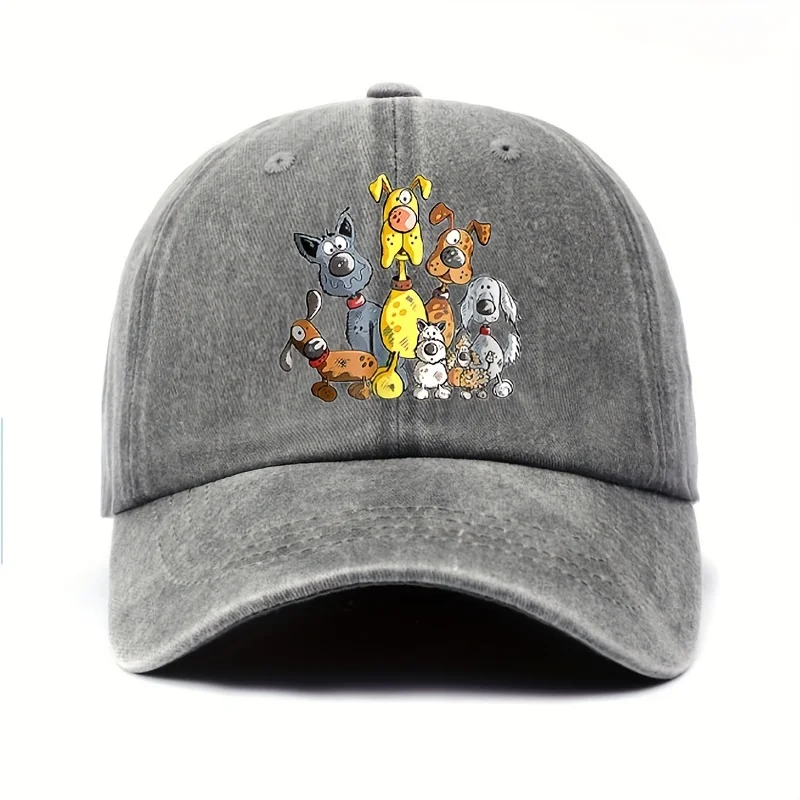 A Vintage-style Lightweight Adjustable Women's Baseball Cap with a Cartoon Animal Collection Featuring a Dog Print