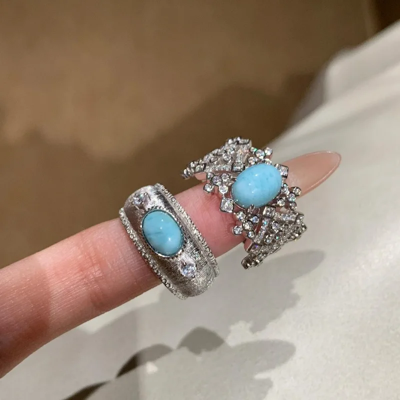 Original Vintage Light Luxury High quality Brushed inlay Diamond Turquoise Rings Charms Banquet Ring Couple Jewelry Gift