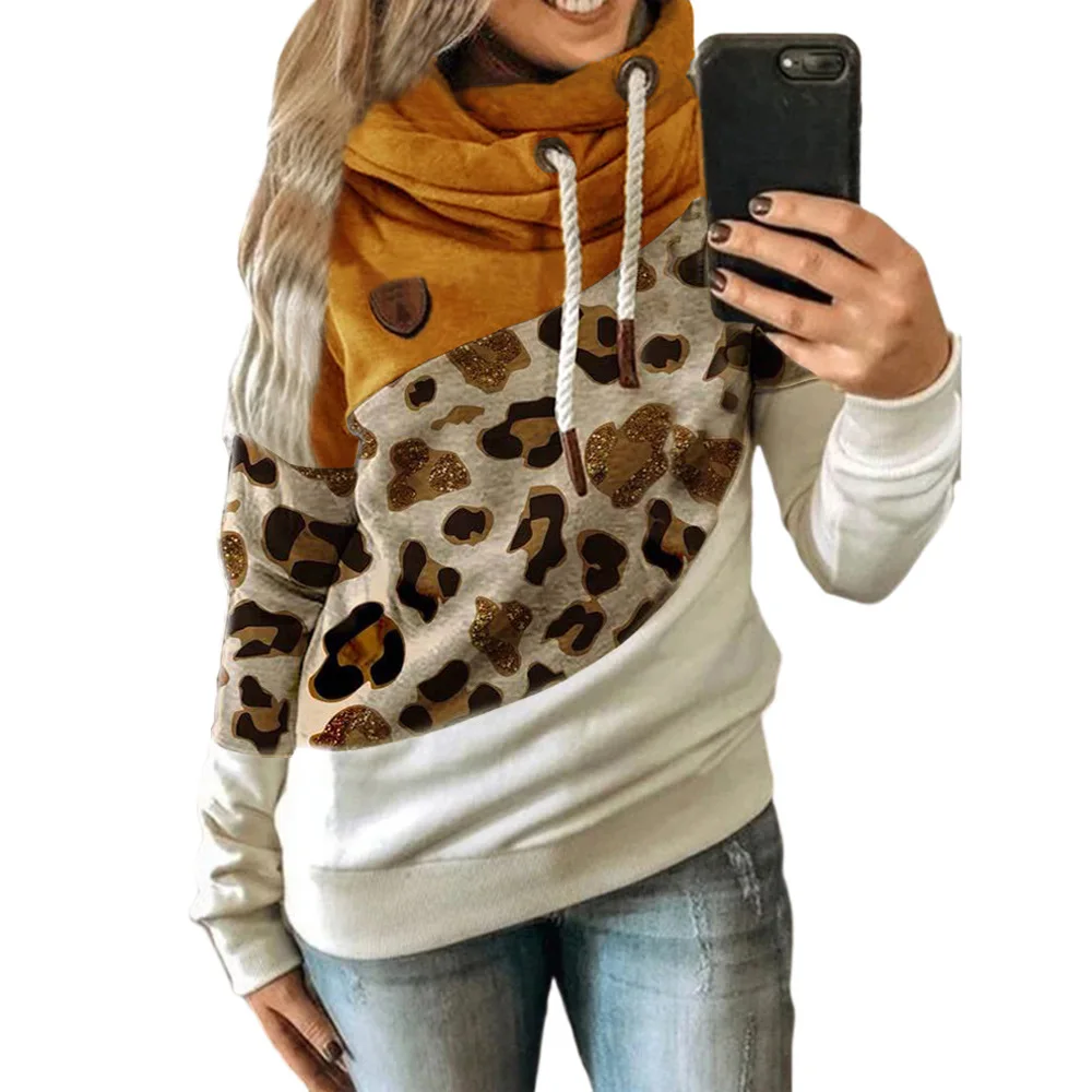 Women Patchwork Hooded Sweatshirt Autumn Winter Leopard Print Harajuku Drawstring Hoodie Casual Long Sleeve Pullover Tops Female