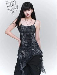 Summer Vintage Lace Design Irregular Ruffle Camisole Women Coquette 2000s Aesthetic Halter Tops Female Sexy Gyaru Y2k Crop Tops