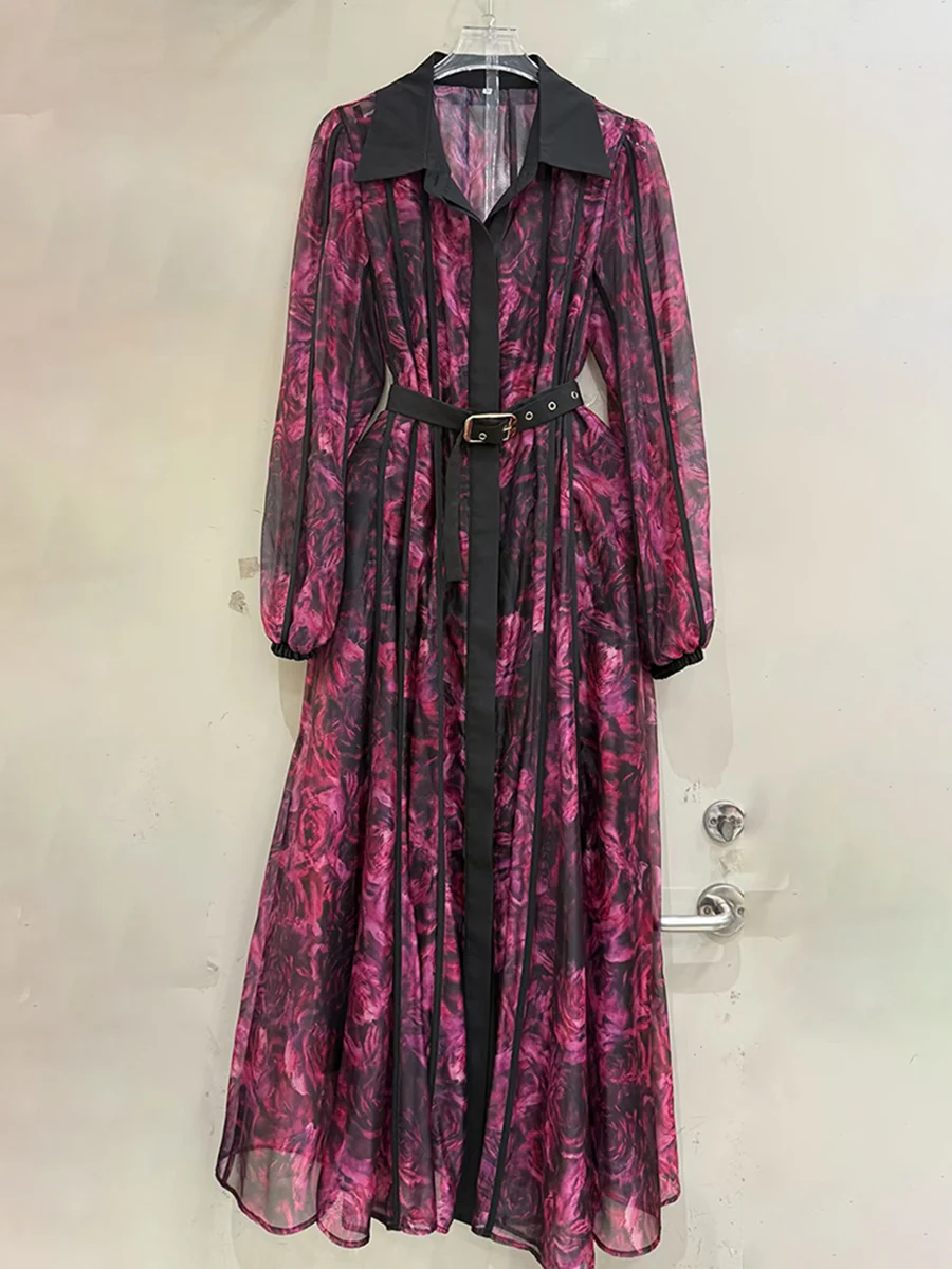 VGH – robe longue Vintage à imprimé Floral pour femmes, manches lanternes à revers, taille haute, Patchwork, maille transparente, nouvelle tendance