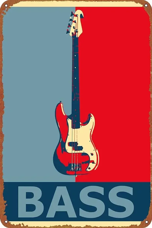 Bass Guitar Retro Red Blue Poster Vintage Tin Sign Unique Metal Wall Decor for Home, Bar, Diner, Pub