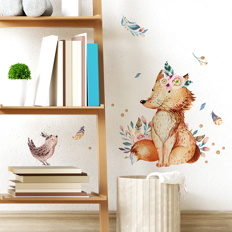 C161#Fox Flower Wall Sticker Kids Room Background Home Decoration Mural Living Room Wallpaper Funny Decal