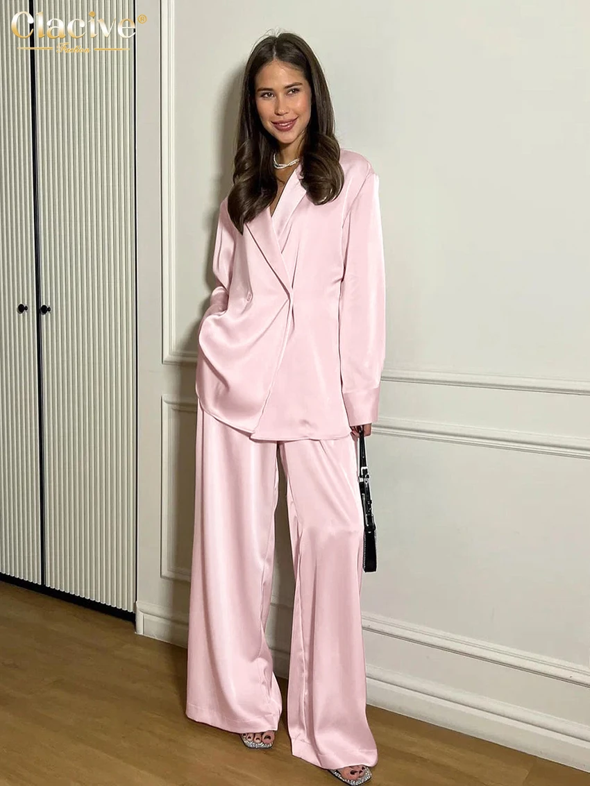 Clacive Fashion Luźne różowe satynowe zestawy spodni dla kobiet 2-częściowe eleganckie koszule z długim rękawem i szerokimi spodniami z wysokim stanem
