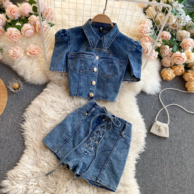

Korean Style Tight Fitting Women's Denim Suit Hollowed Out Short Sleeved Top High Waist Strap Hot Pants Shorts Two-piece Set
