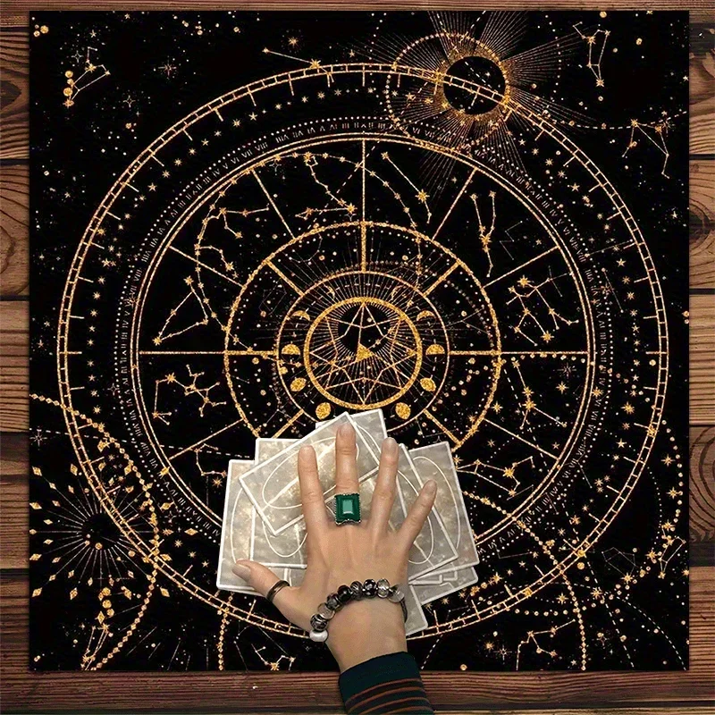 50/75/110/137cm Astrology Tarot Tablecloth Black Gold Zodiac Design Readings Meditation Themed Parties Durable Polyester Mat