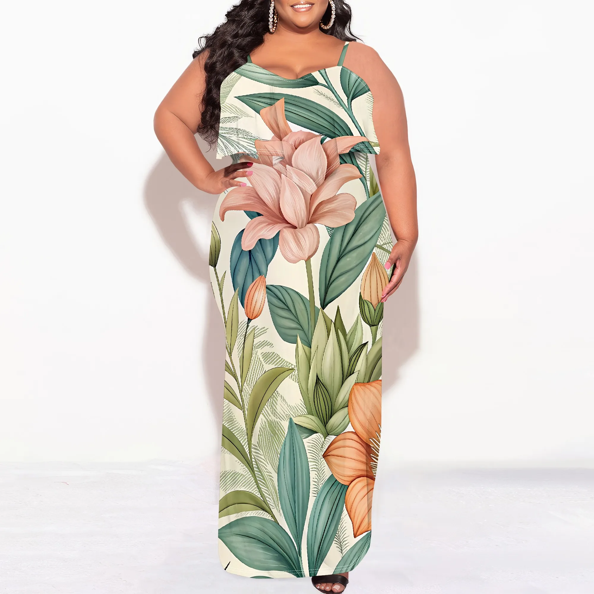 

Plus Size Botanical Print Maxi Dress for Women Summer Sleeveless Casual Vacation Long Dress