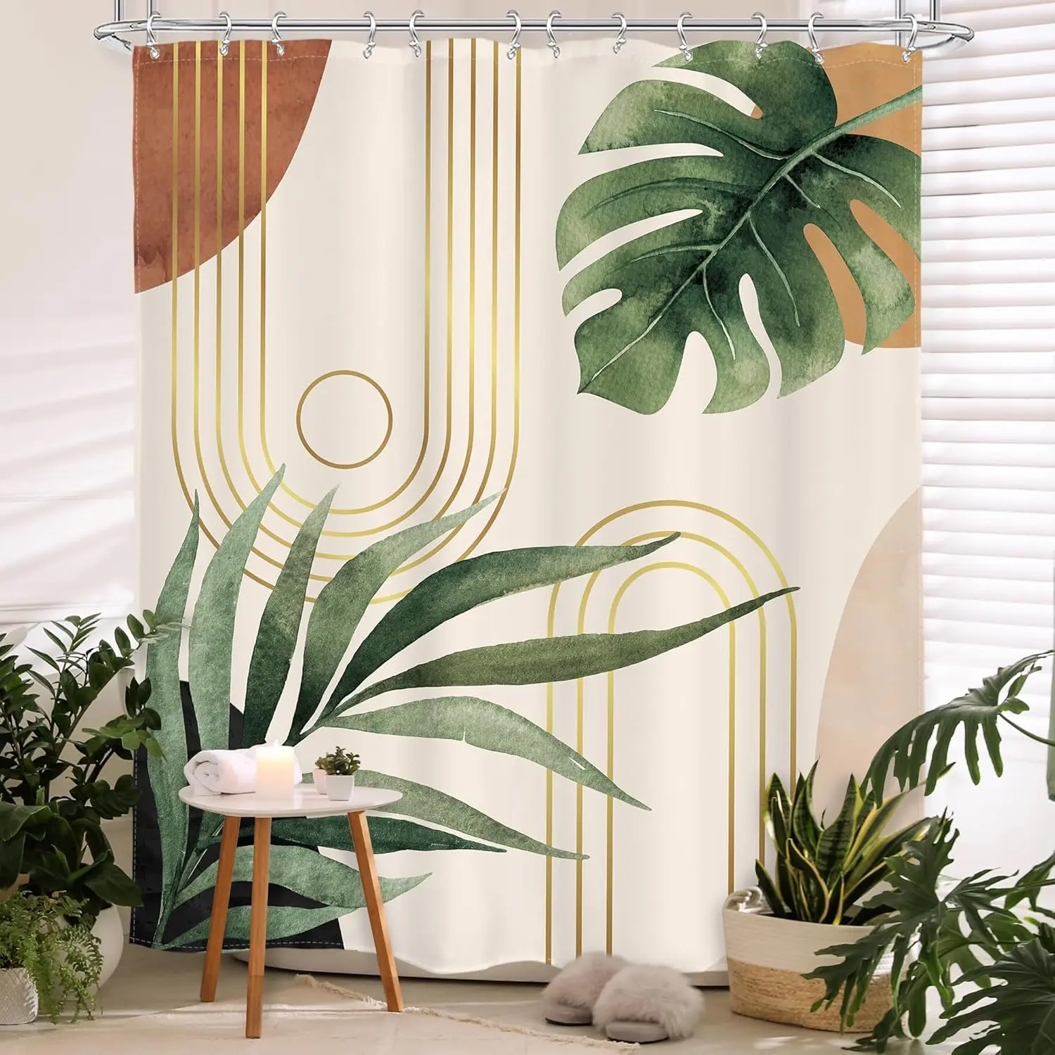 Boho Sage Green Shower Curtain, Abstract Bohemian Mid Century Bathroom Curtains, Plant Botanical Palm Leaf Cute Decor Fabric