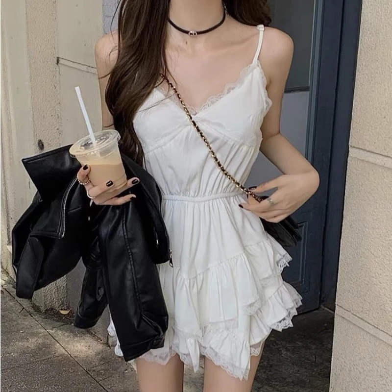 HOUZHOU Sweet Lace Mini Coquette Aesthetic Dress Women Korean Sexy One Piece Short Sleeveless Elegant Party Dresses Y2k