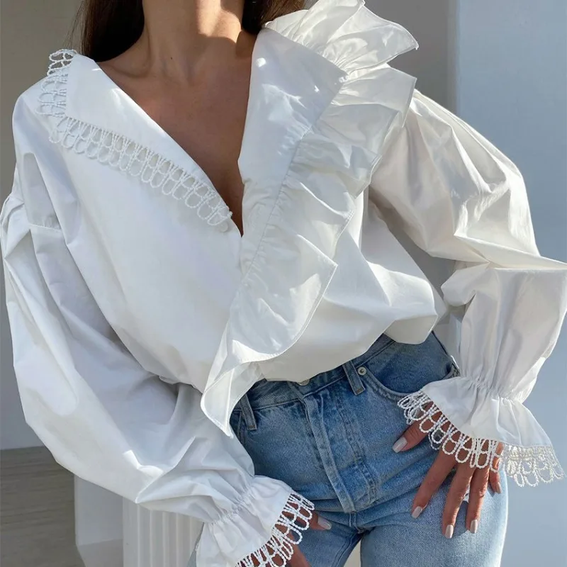 

2023 Autumn Ruffled Women's Shirt Sexy V-neck Edible Tree Fungus White Cotton Blouse Woman Long Sleeve Fashion Lace Shirts 29076