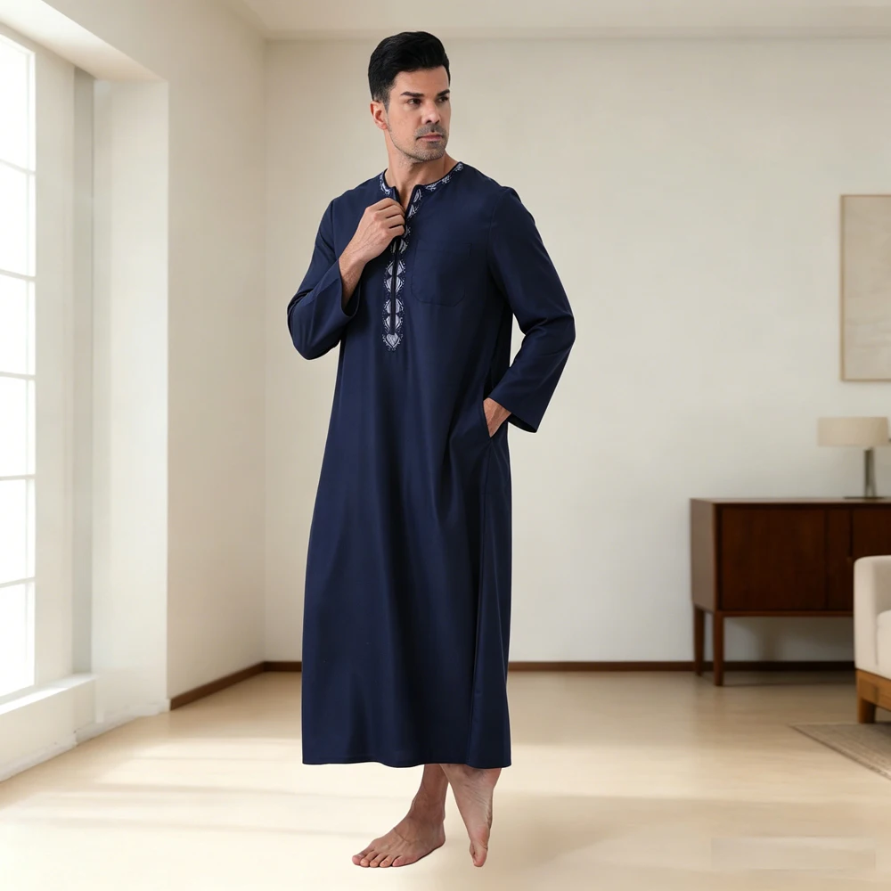 

Ethnic Muslim Mens Robe Embroidered Long Sleeve Zipper Jubba Thobe Arabic Thoub Saudi Islam Clothing Daffah Dishdasha Caftan New