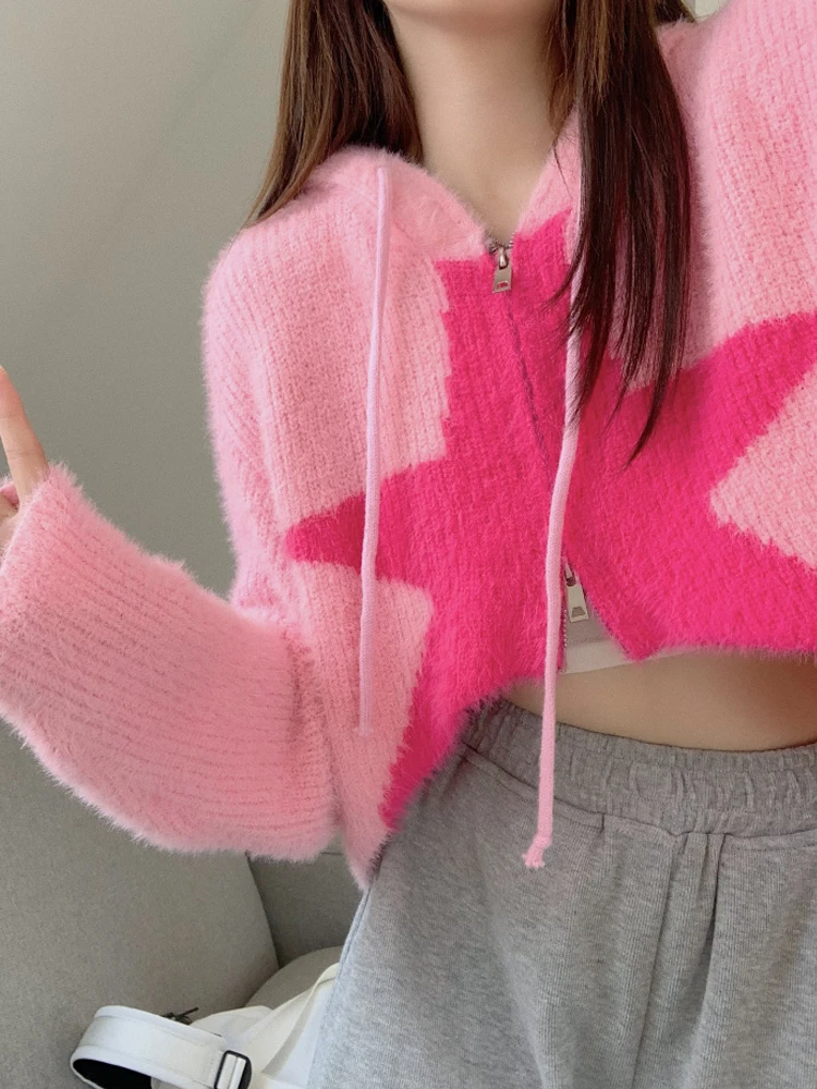 SONNEESD Streetwear Y2K Harajuku Zipper Full Sleeve Plush Knitting Coat Hooded Pink Star Coat Vintage Fashion Basic Jacket Coat