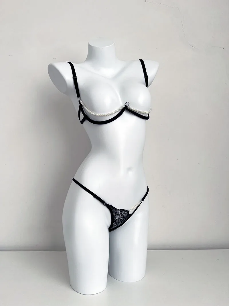 Lencería Sexy y divertida para mujer, Conjunto de sujetador transparente con perlas artificiales, ultrafino